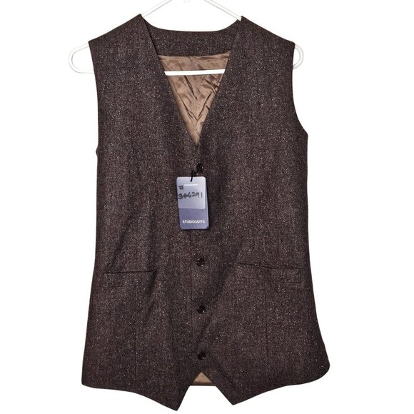 Studio Suits Custom Made Brown Tweed Vest Button Closure Adjustable Back Strap S - Picture 1 of 10